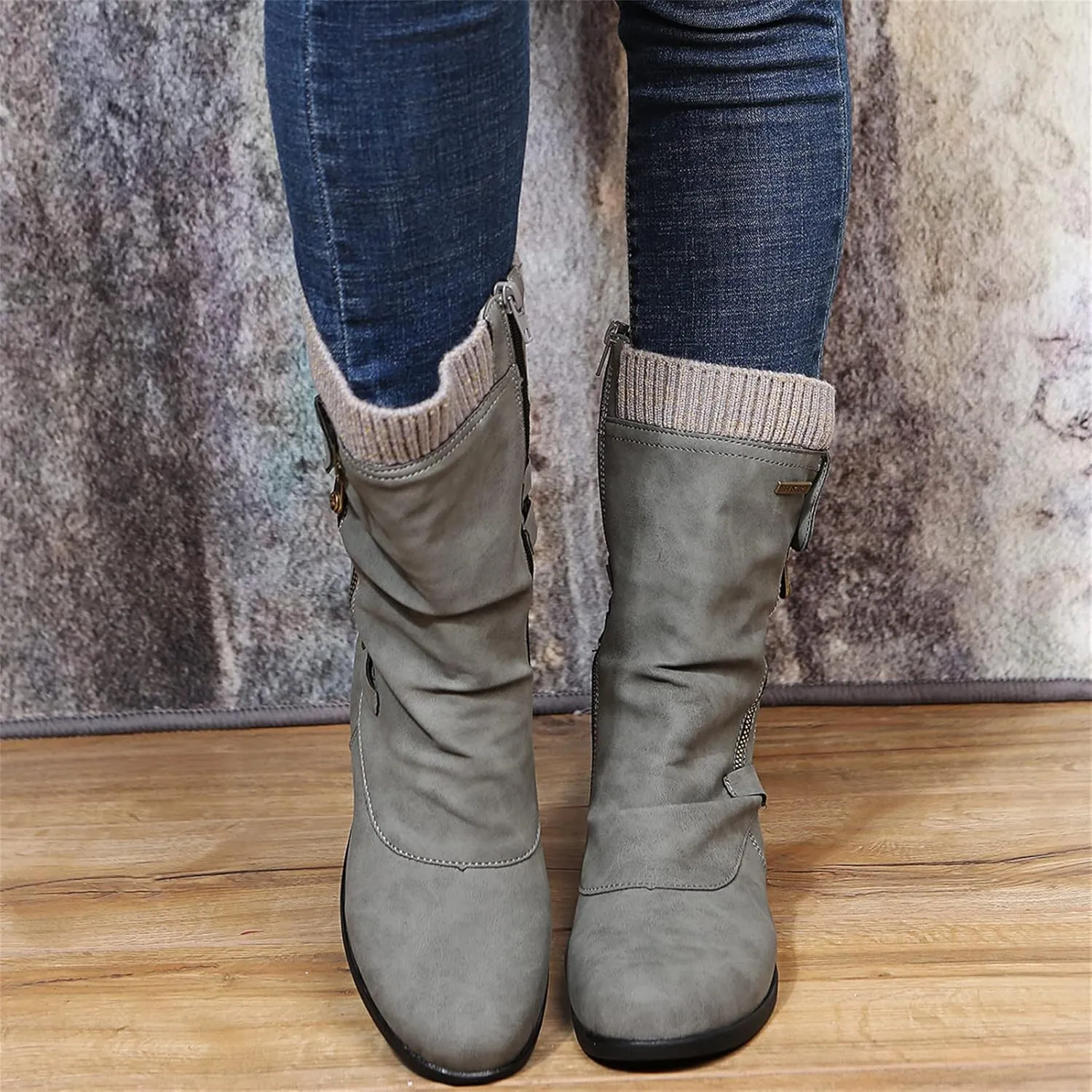 Lausiuoe Winter Boots For Women 2022 Trendy Mid Calf Side Zip Low Heel Western Platform Hiking Booties Warm Non Slip Outdoor Shoe