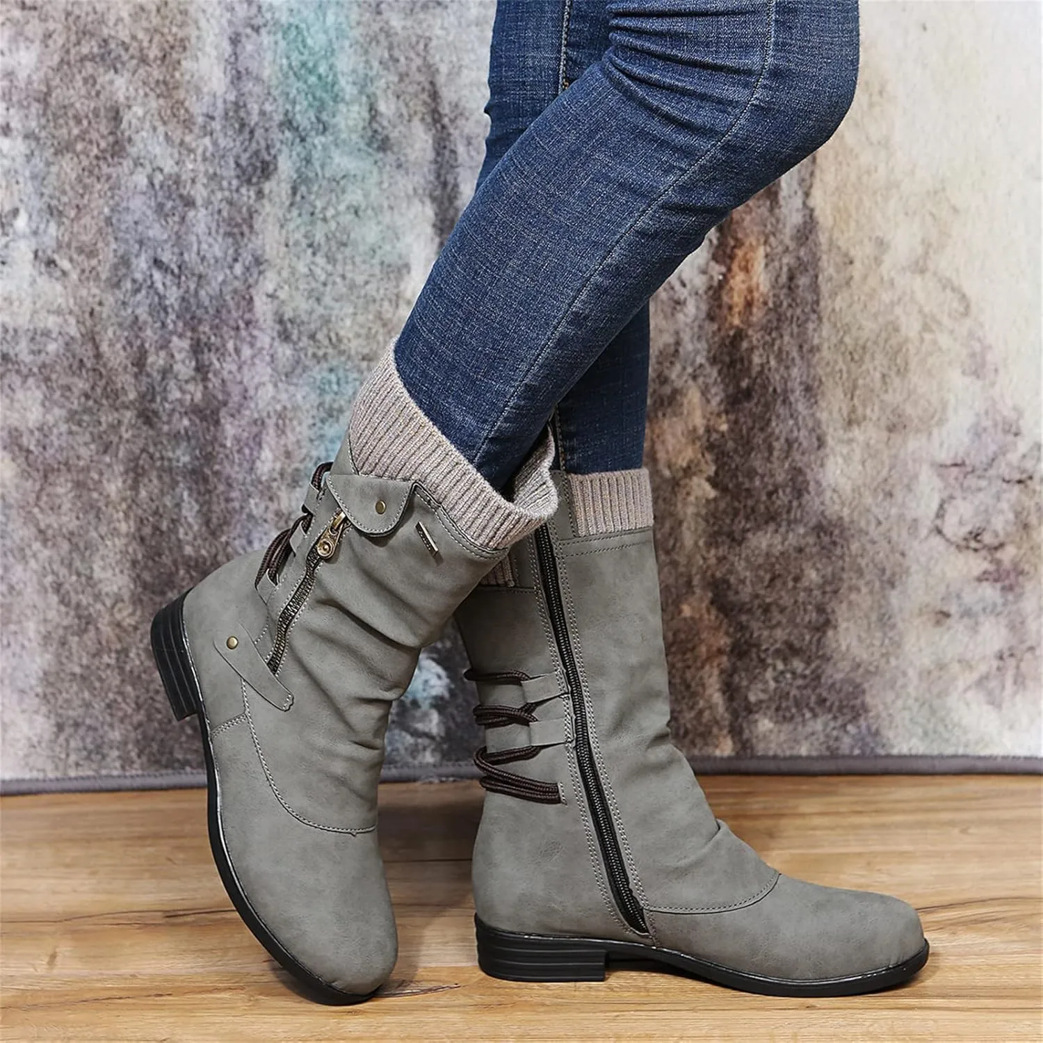 Lausiuoe Winter Boots For Women 2022 Trendy Mid Calf Side Zip Low Heel Western Platform Hiking Booties Warm Non Slip Outdoor Shoe