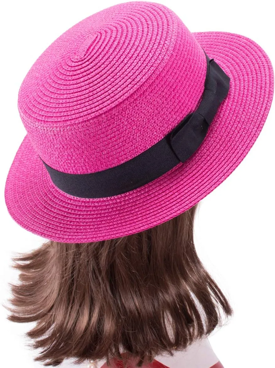 Lawliet Womens Straw Boater Hat Fedora Panama Style Flat Top Ribbon Summer A456