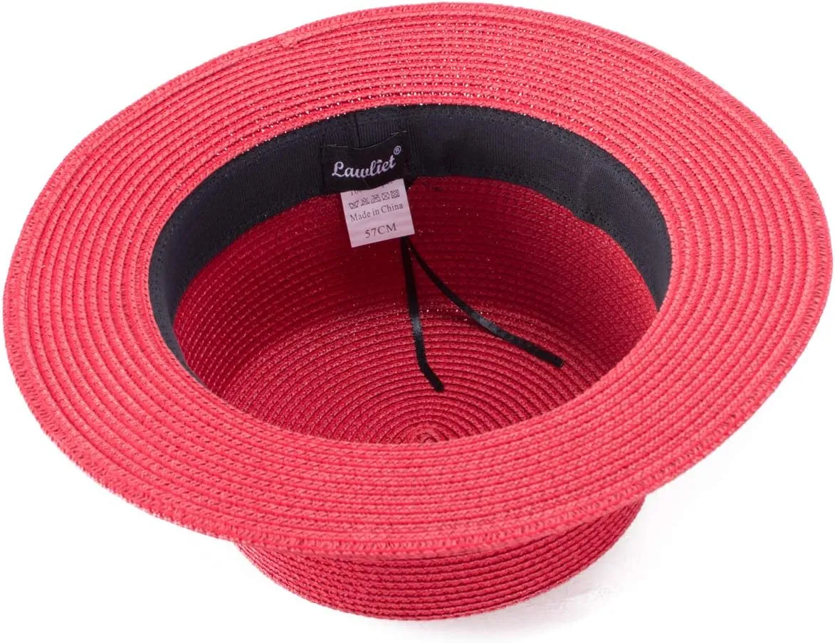 Lawliet Womens Straw Boater Hat Fedora Panama Style Flat Top Ribbon Summer A456