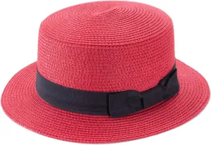 Lawliet Womens Straw Boater Hat Fedora Panama Style Flat Top Ribbon Summer A456