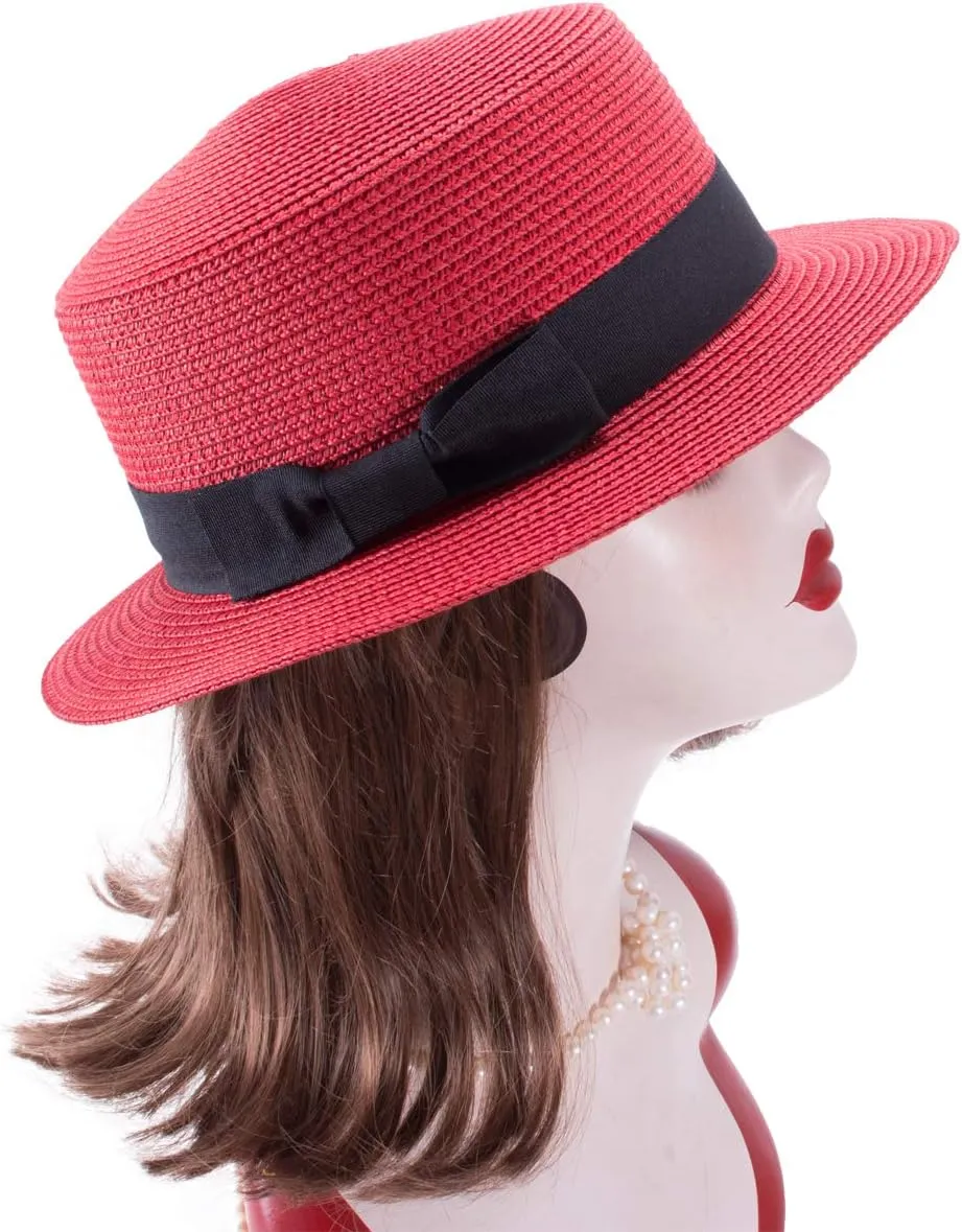 Lawliet Womens Straw Boater Hat Fedora Panama Style Flat Top Ribbon Summer A456