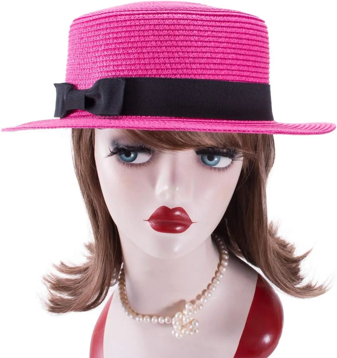 Lawliet Womens Straw Boater Hat Fedora Panama Style Flat Top Ribbon Summer A456