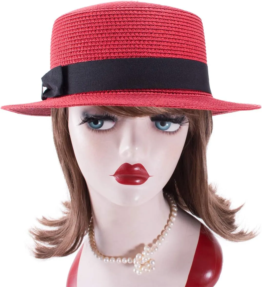 Lawliet Womens Straw Boater Hat Fedora Panama Style Flat Top Ribbon Summer A456