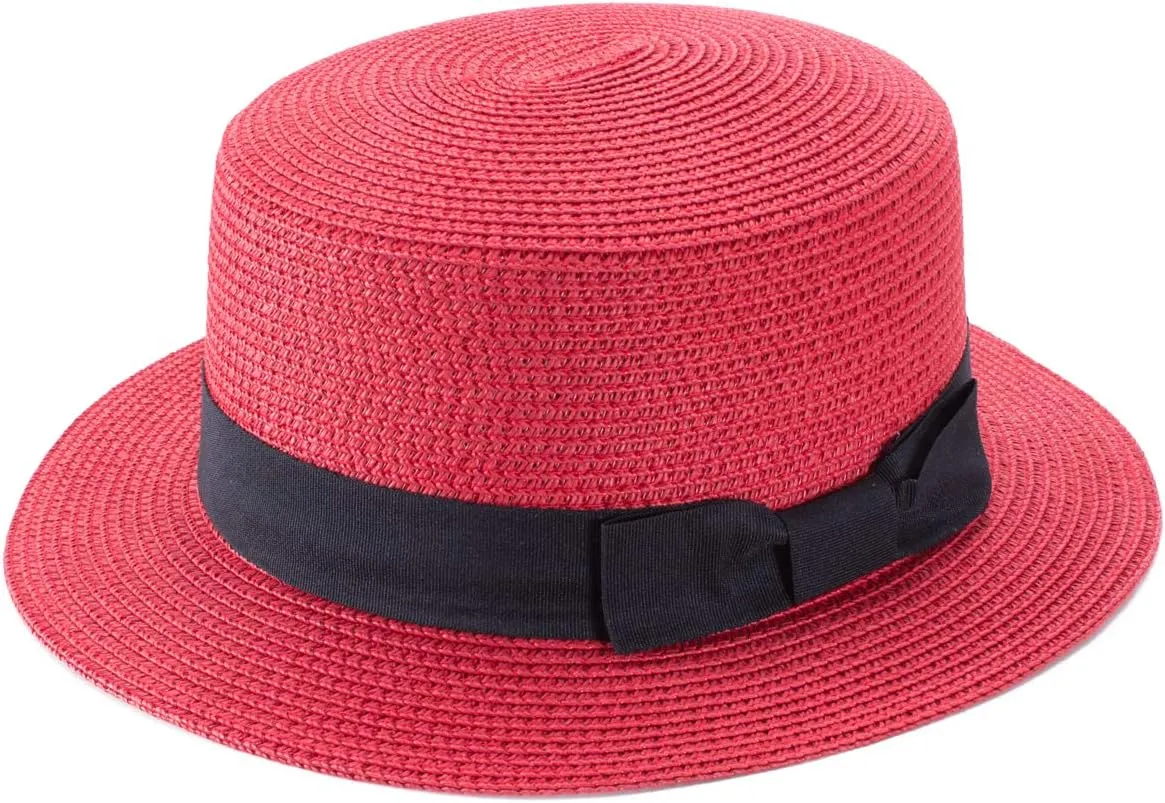 Lawliet Womens Straw Boater Hat Fedora Panama Style Flat Top Ribbon Summer A456