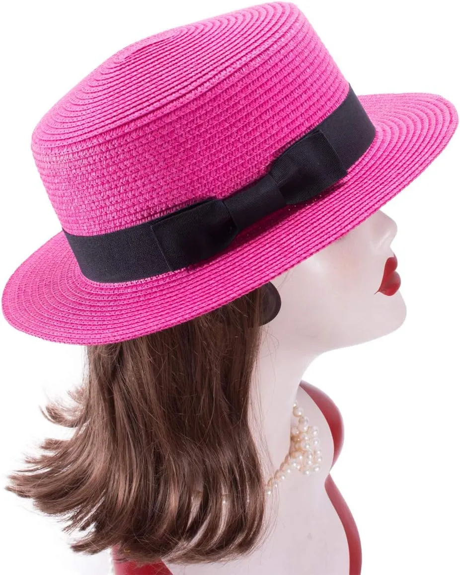 Lawliet Womens Straw Boater Hat Fedora Panama Style Flat Top Ribbon Summer A456