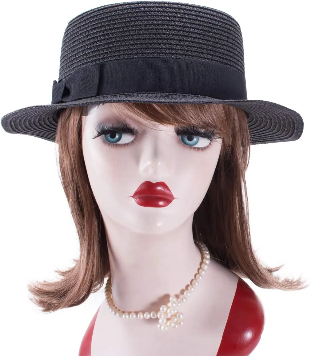 Lawliet Womens Straw Boater Hat Fedora Panama Style Flat Top Ribbon Summer A456