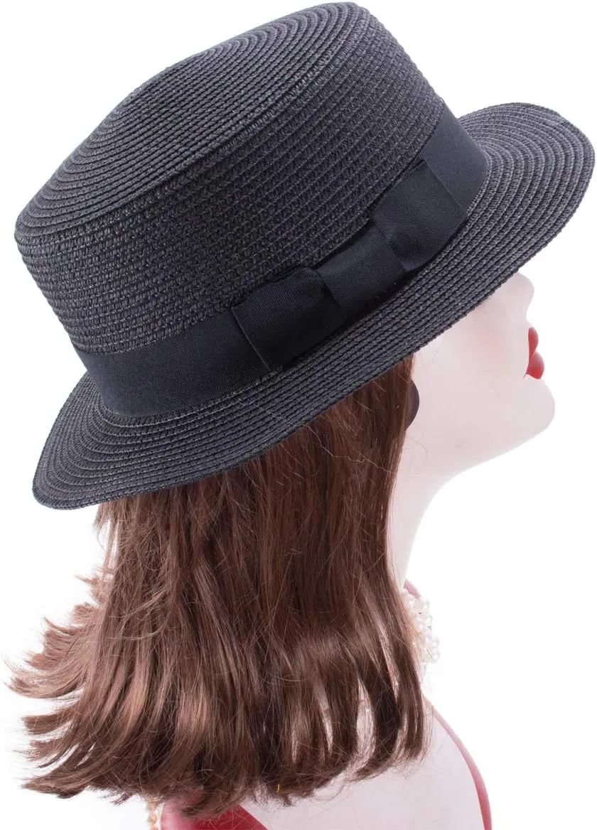 Lawliet Womens Straw Boater Hat Fedora Panama Style Flat Top Ribbon Summer A456