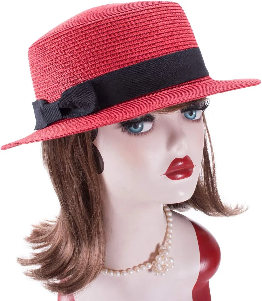 Lawliet Womens Straw Boater Hat Fedora Panama Style Flat Top Ribbon Summer A456