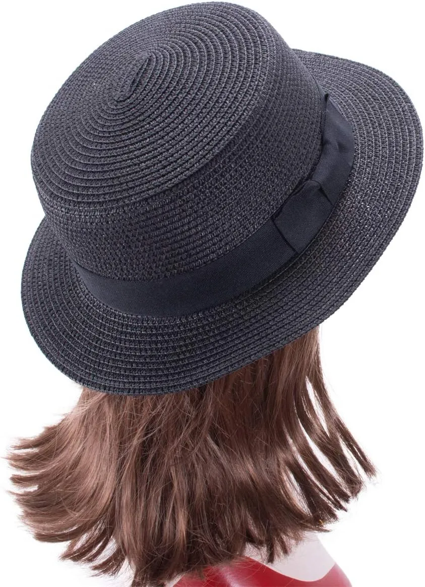 Lawliet Womens Straw Boater Hat Fedora Panama Style Flat Top Ribbon Summer A456