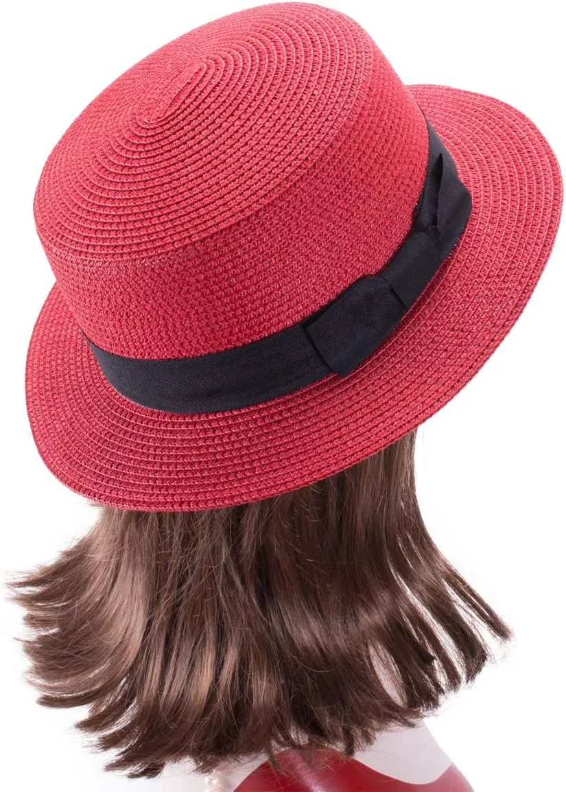 Lawliet Womens Straw Boater Hat Fedora Panama Style Flat Top Ribbon Summer A456