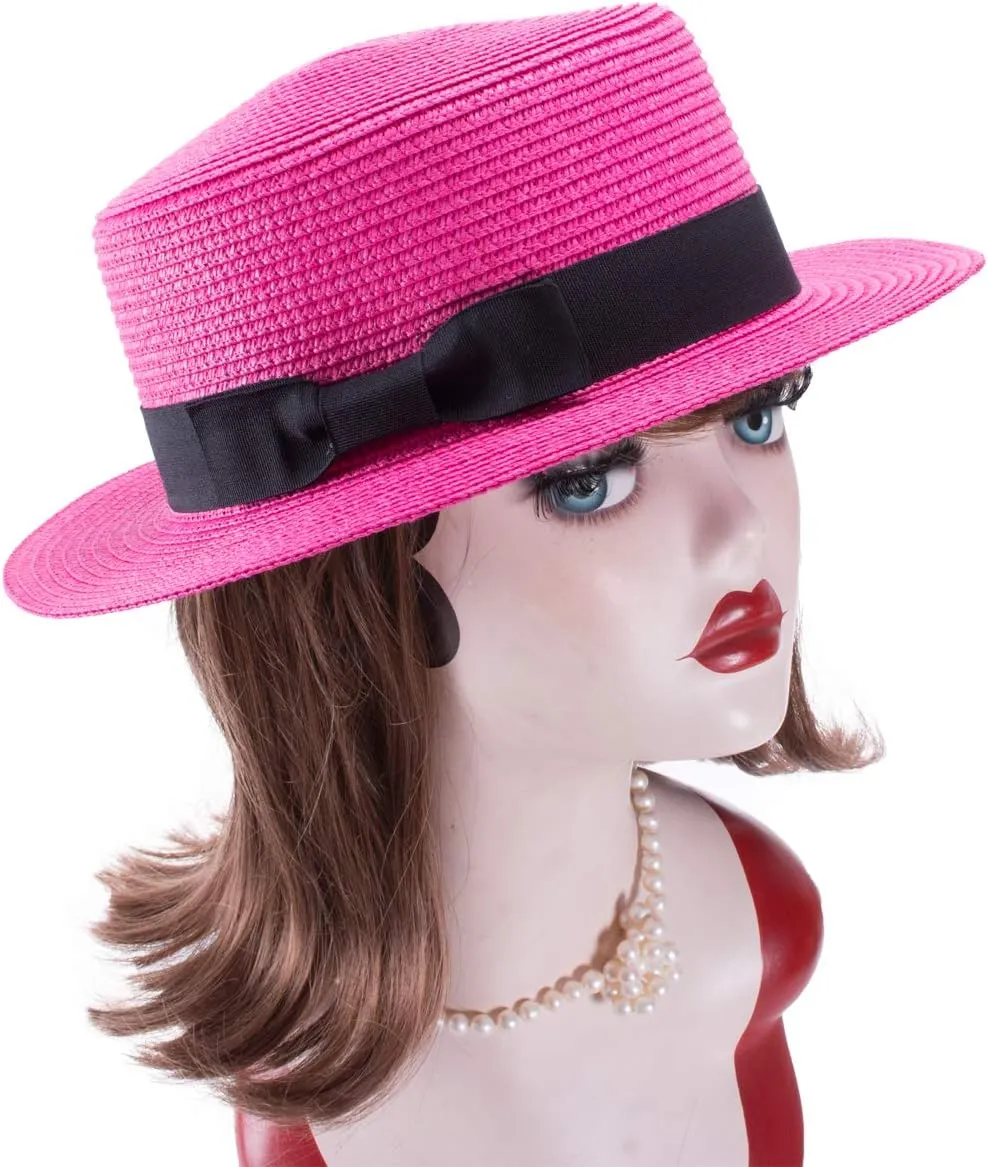 Lawliet Womens Straw Boater Hat Fedora Panama Style Flat Top Ribbon Summer A456