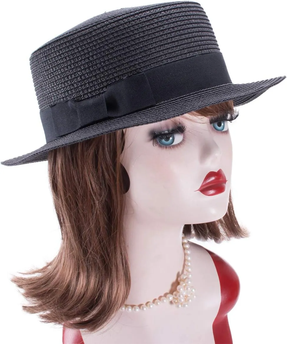 Lawliet Womens Straw Boater Hat Fedora Panama Style Flat Top Ribbon Summer A456