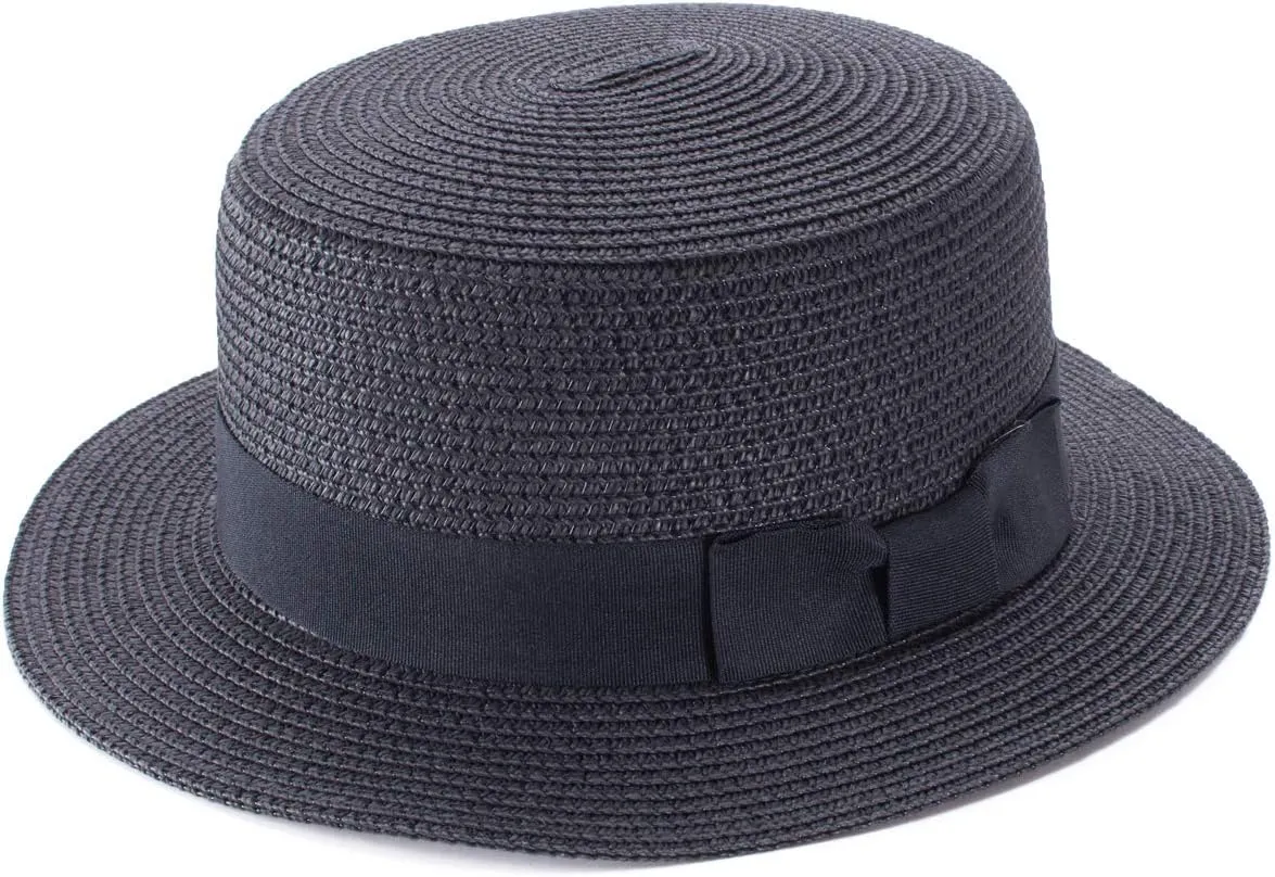 Lawliet Womens Straw Boater Hat Fedora Panama Style Flat Top Ribbon Summer A456