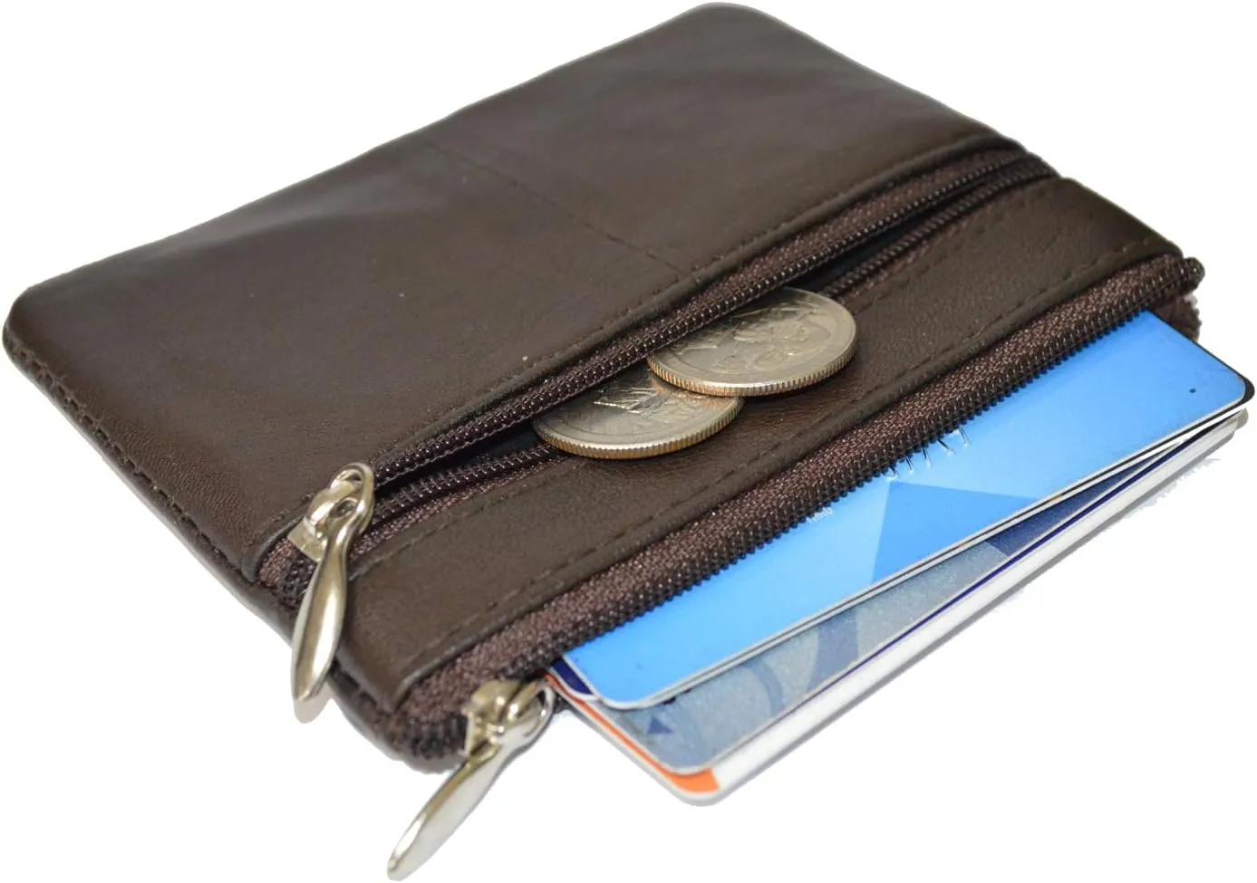 LB LEATHERBOSS Leather Coin Purse/Mini Wallet/Key Pouch - 2 Zippered Sections