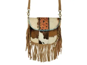 Leather crossbody bag with teal and cowhide