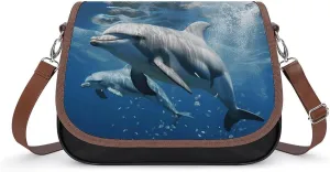 Leather Crossbody Bags, Cute Dolphins Women Crossbody Bag,Leather Flapover Crossbody Purse with Adjustable Strap & Flip