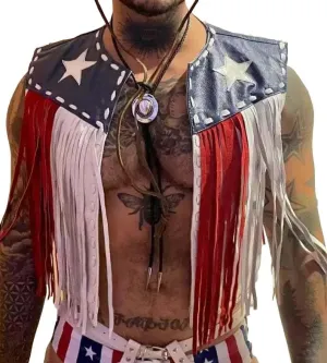 Leather Fringe Vest, American Flag Design, Western Cowboy Style, Unisex