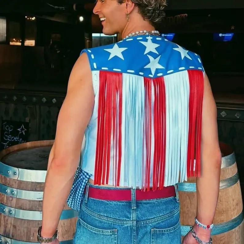 Leather Fringe Vest, American Flag Design, Western Cowboy Style, Unisex