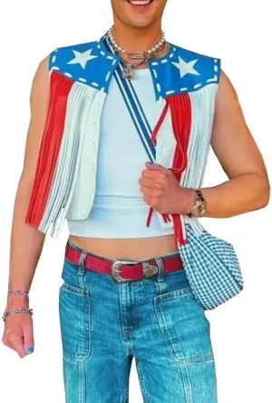 Leather Fringe Vest, American Flag Design, Western Cowboy Style, Unisex