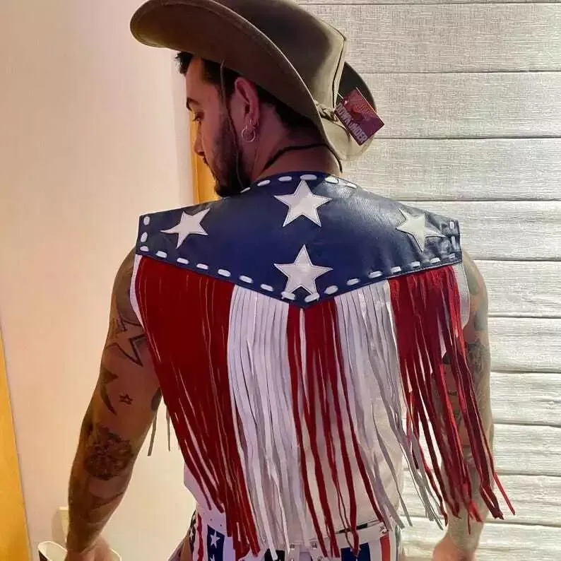Leather Fringe Vest, American Flag Design, Western Cowboy Style, Unisex
