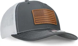 Leather Patch Hat for Men - Richardson 112 Trucker Hat w/Full-Grain Leather Patch, Laser-Engraved, Machine-Stitched