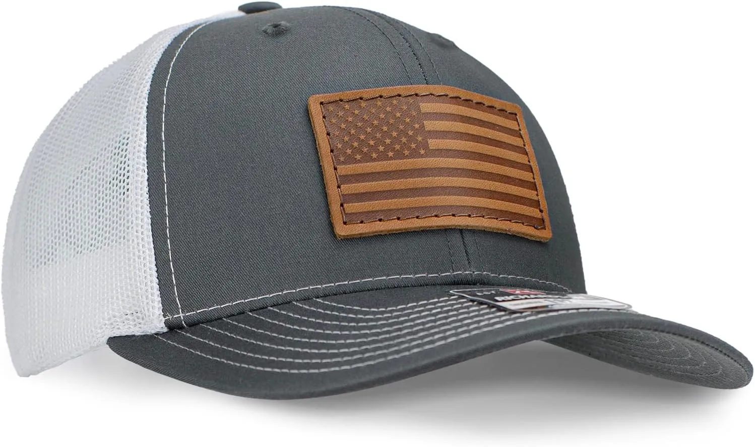 Leather Patch Hat for Men - Richardson 112 Trucker Hat w/Full-Grain Leather Patch, Laser-Engraved, Machine-Stitched
