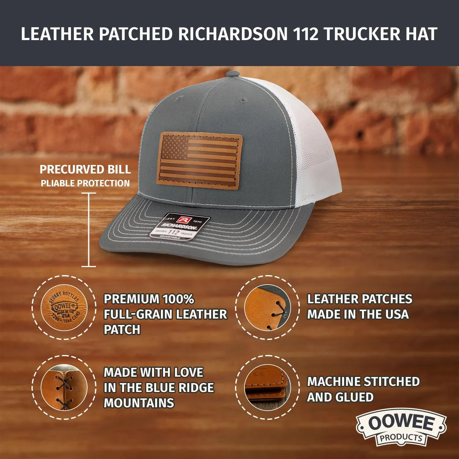 Leather Patch Hat for Men - Richardson 112 Trucker Hat w/Full-Grain Leather Patch, Laser-Engraved, Machine-Stitched