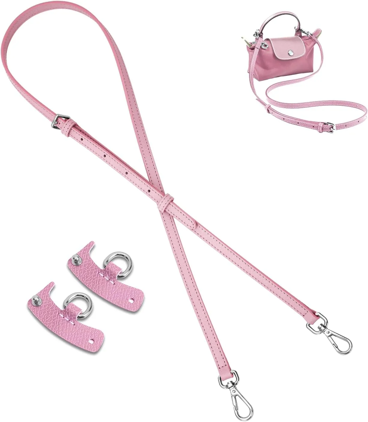 Leather Purse Straps for Le Pliage Mini Pouch,Shoulder Straps Adjustable Handbag Crossbody Modification, Replacement Bag Straps Bag Transformation Set fit Longchamp Bag Mini Bag（Pink）