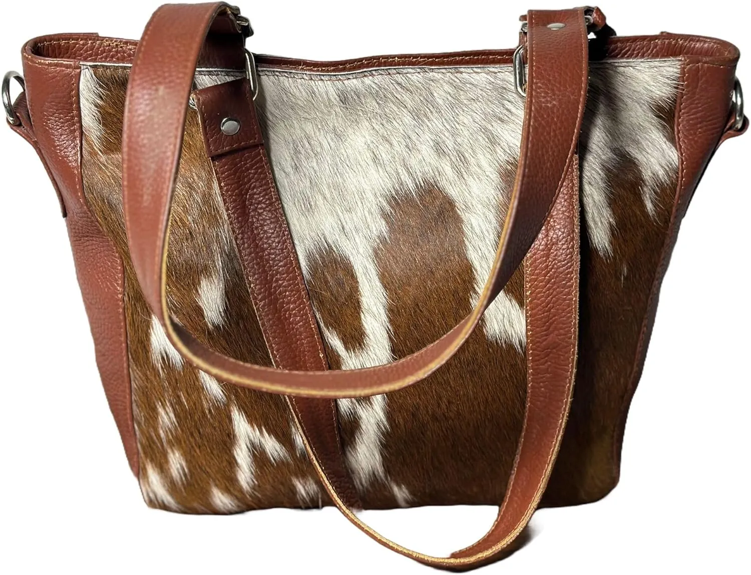 Leather Shoulder Bag, Real Cowhide Brown and White Leather Hair on Bag- Gift for Her