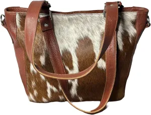 Leather Shoulder Bag, Real Cowhide Brown and White Leather Hair on Bag- Gift for Her