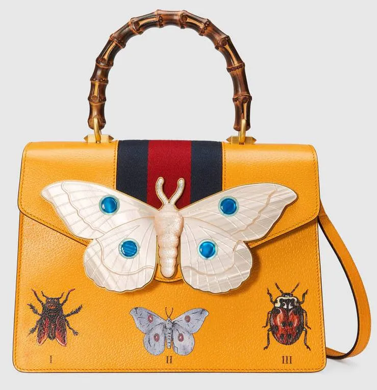 Leather Top Handle Bag with Moth, Yellow