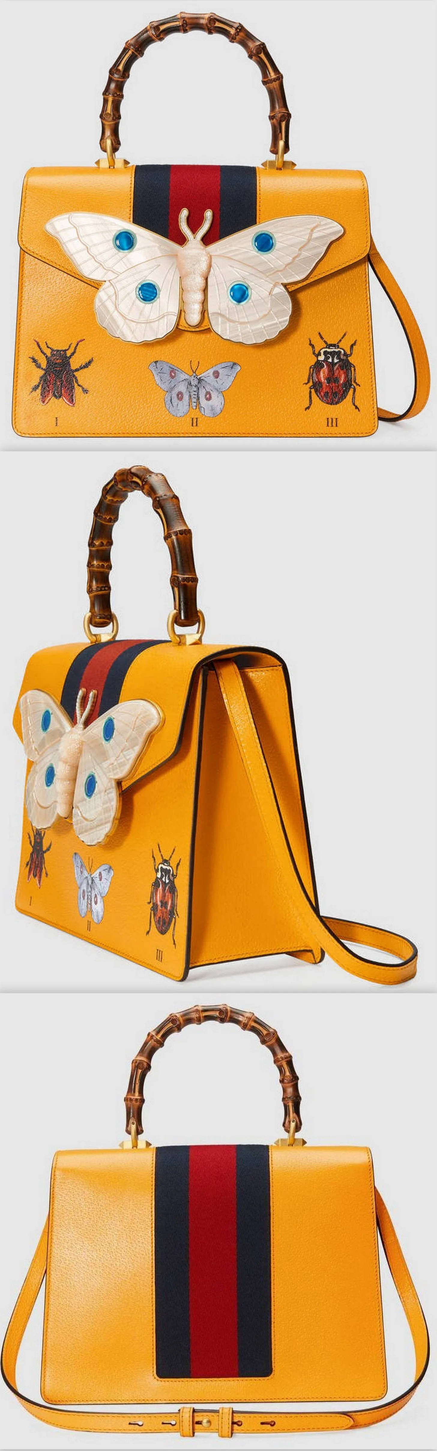 Leather Top Handle Bag with Moth, Yellow