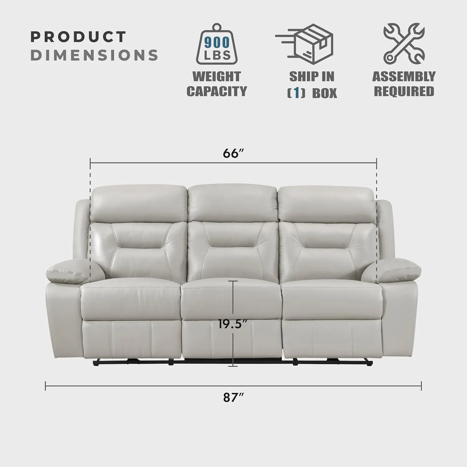 Lexicon Power Double Recliner Sofa, Top Grain Leather Match Reclining Sofa with Pillow Top Armrests, Home Theater Seating, Wall Hugger Recliner Couch with USB Port, 87" W, Silver