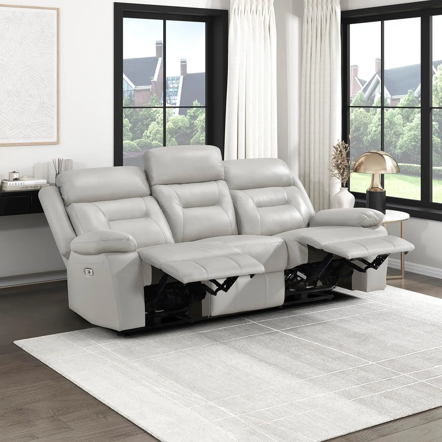 Lexicon Power Double Recliner Sofa, Top Grain Leather Match Reclining Sofa with Pillow Top Armrests, Home Theater Seating, Wall Hugger Recliner Couch with USB Port, 87" W, Silver