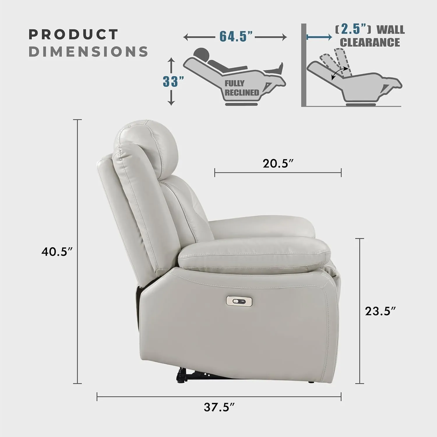 Lexicon Power Double Recliner Sofa, Top Grain Leather Match Reclining Sofa with Pillow Top Armrests, Home Theater Seating, Wall Hugger Recliner Couch with USB Port, 87" W, Silver
