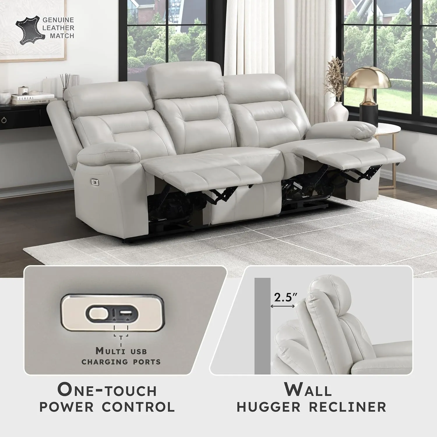 Lexicon Power Double Recliner Sofa, Top Grain Leather Match Reclining Sofa with Pillow Top Armrests, Home Theater Seating, Wall Hugger Recliner Couch with USB Port, 87" W, Silver