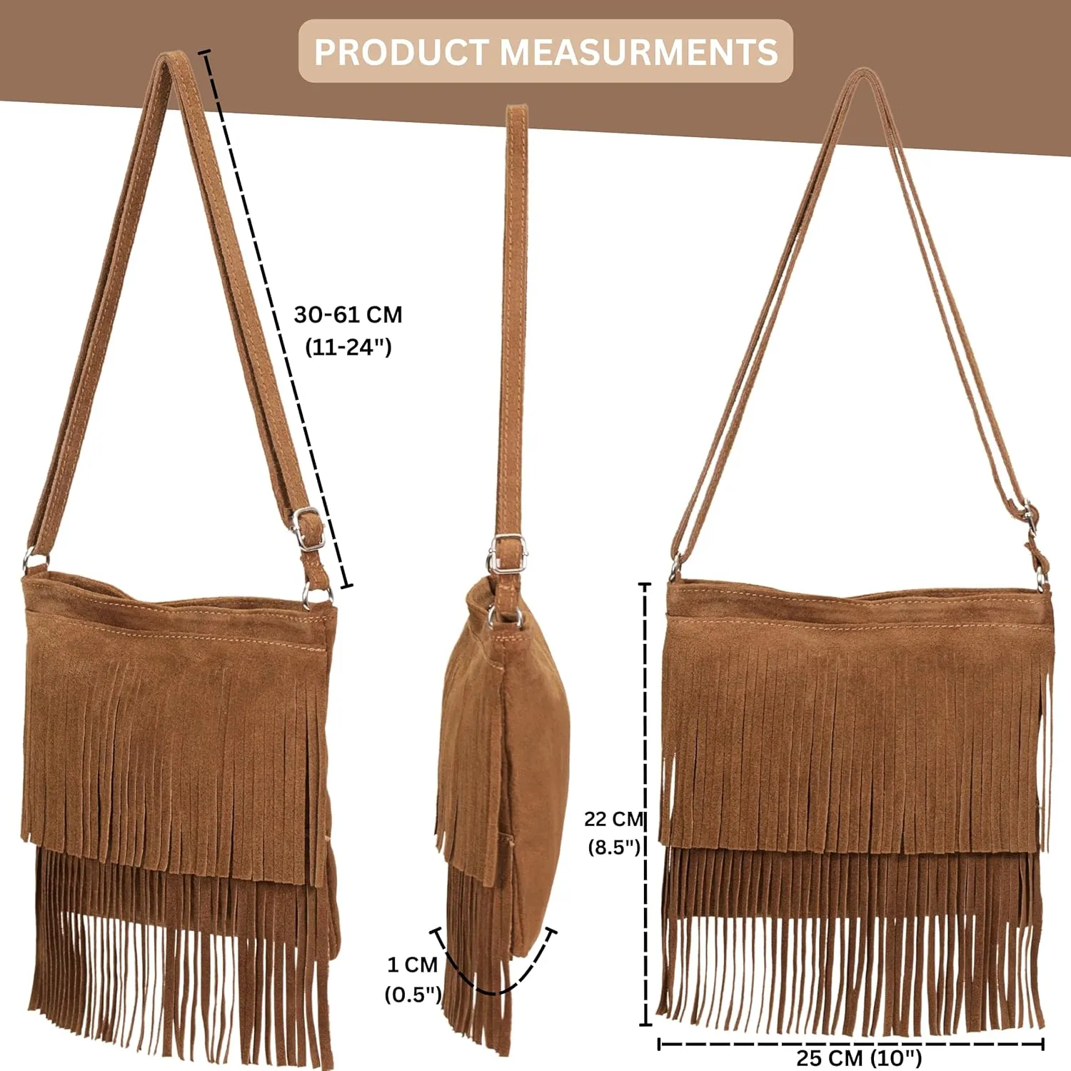 LiaTalia Womens Fringe Handbag - Real Italian Suede Leather - Tassle Effect Shoulder Bag in Small Size - Robin