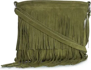 LiaTalia Womens Fringe Handbag - Real Italian Suede Leather - Tassle Effect Shoulder Bag in Small Size - Robin