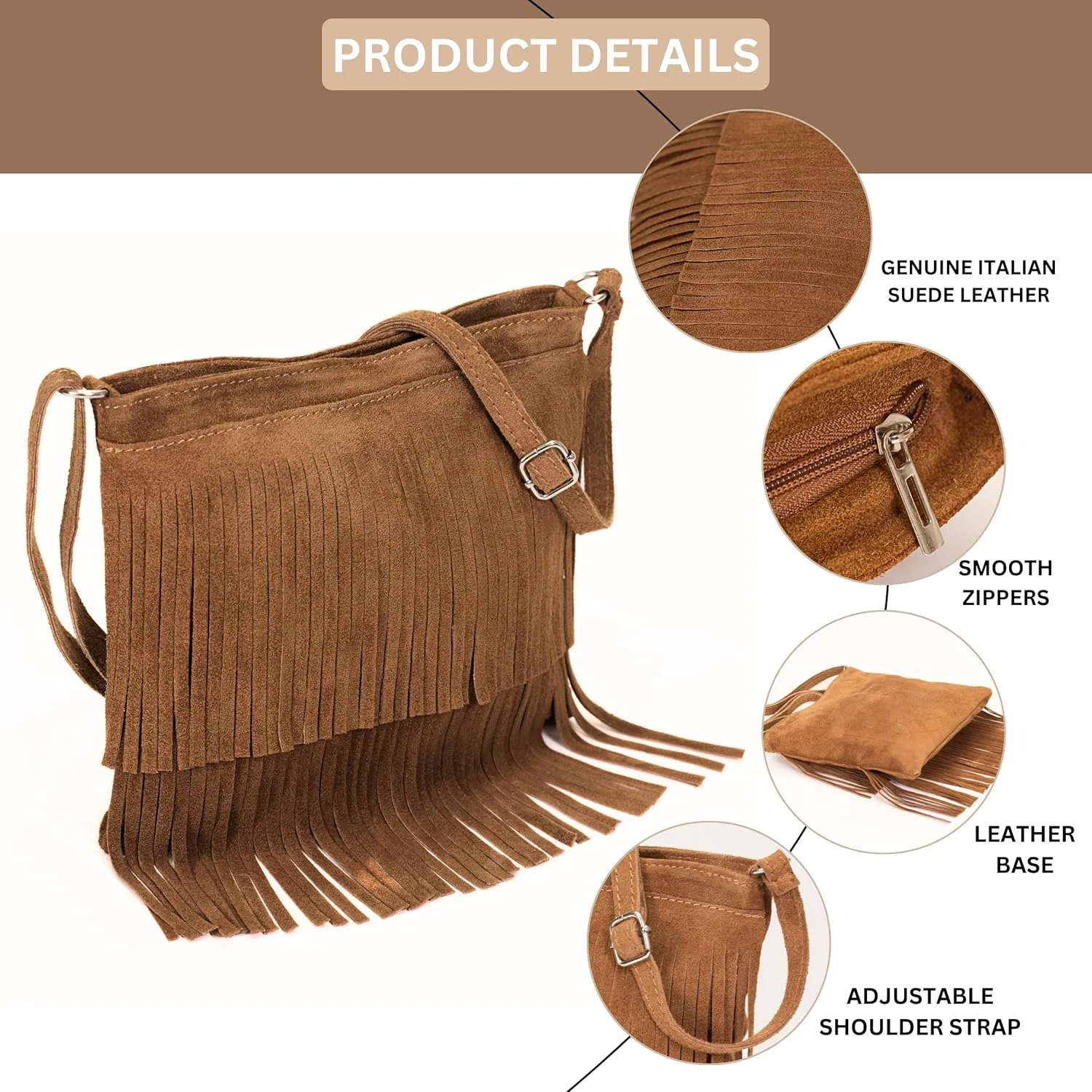 LiaTalia Womens Fringe Handbag - Real Italian Suede Leather - Tassle Effect Shoulder Bag in Small Size - Robin