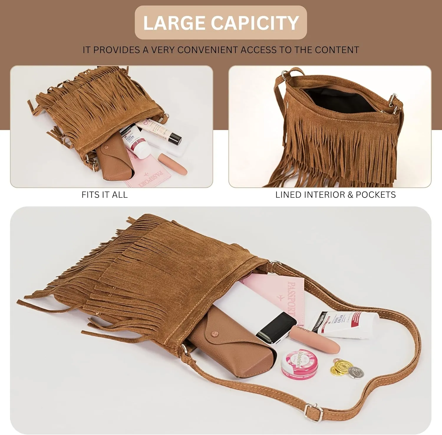 LiaTalia Womens Fringe Handbag - Real Italian Suede Leather - Tassle Effect Shoulder Bag in Small Size - Robin