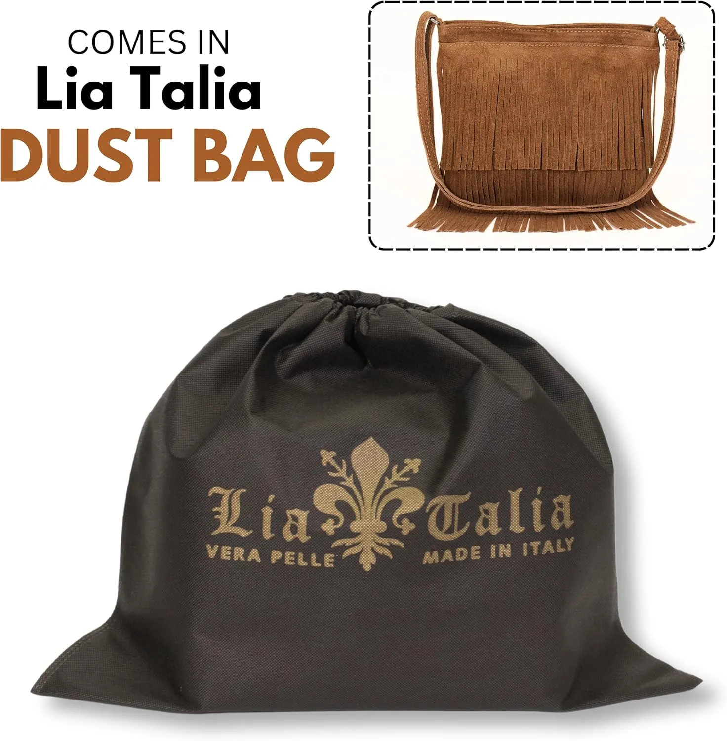 LiaTalia Womens Fringe Handbag - Real Italian Suede Leather - Tassle Effect Shoulder Bag in Small Size - Robin