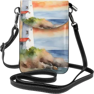 Lighthouse Print Small Cell Phone Leather Purse Adjustable Shoulder Rope Crossbody Bags For Women