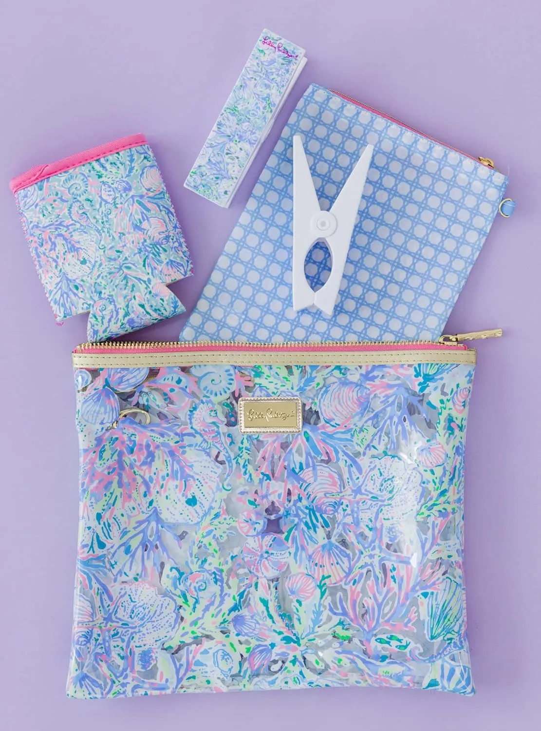Lilly Pulitzer Water Resistant Vinyl Beach Day Pouch, Zipper Bag Includes Drink Hugger, Small Pouch, and Towel Clips