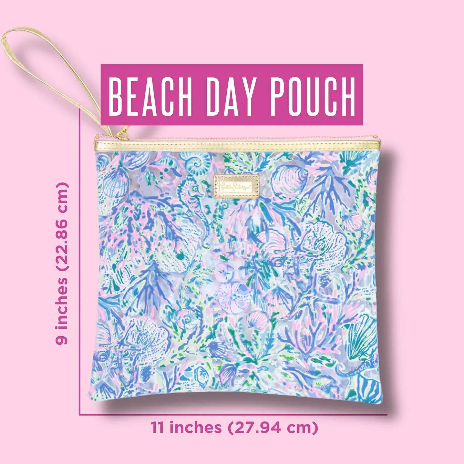 Lilly Pulitzer Water Resistant Vinyl Beach Day Pouch, Zipper Bag Includes Drink Hugger, Small Pouch, and Towel Clips