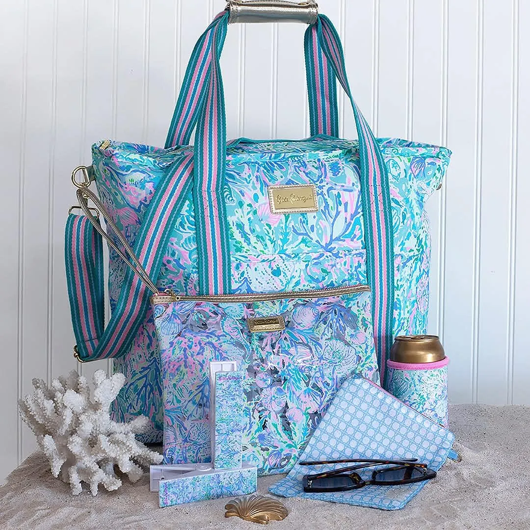 Lilly Pulitzer Water Resistant Vinyl Beach Day Pouch, Zipper Bag Includes Drink Hugger, Small Pouch, and Towel Clips