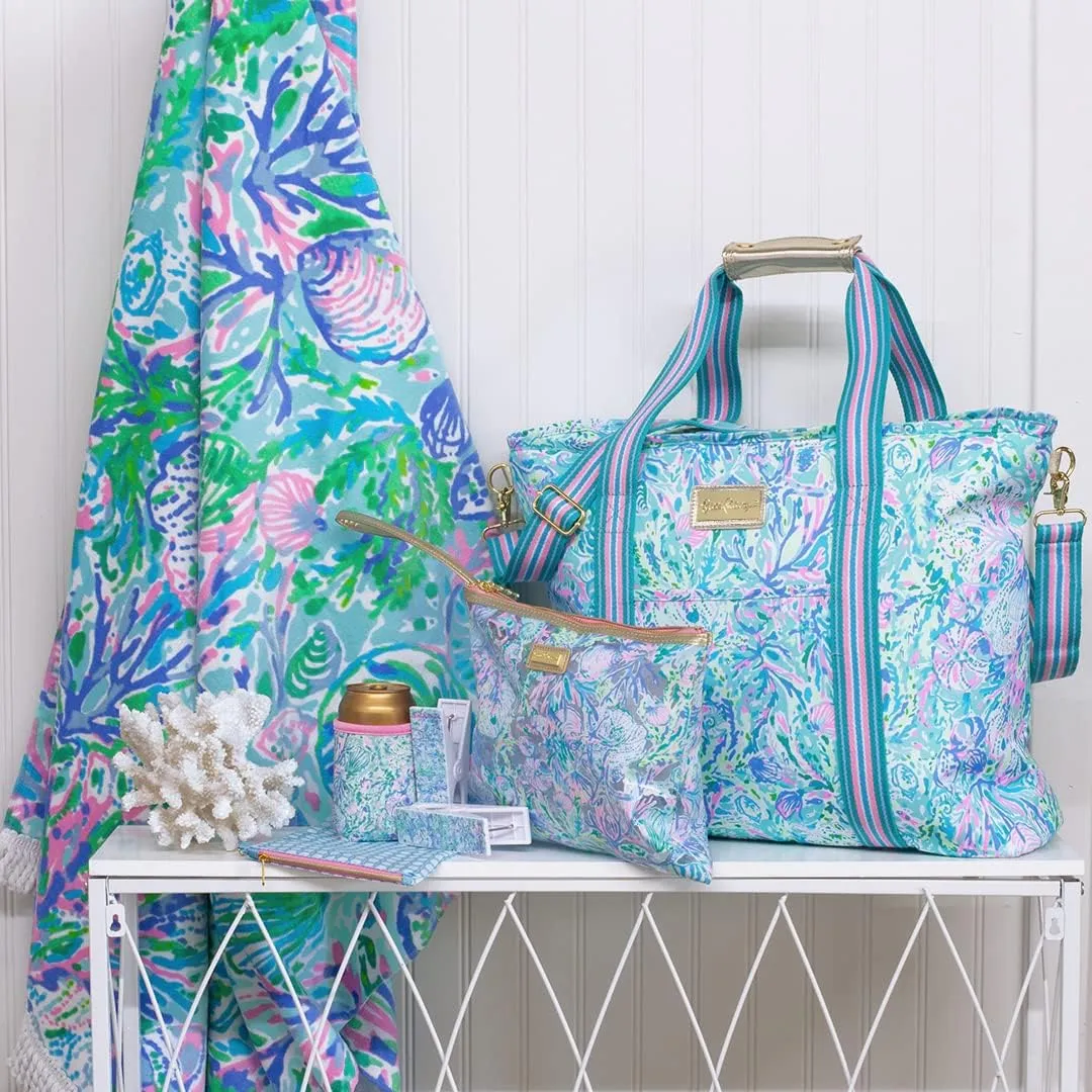 Lilly Pulitzer Water Resistant Vinyl Beach Day Pouch, Zipper Bag Includes Drink Hugger, Small Pouch, and Towel Clips