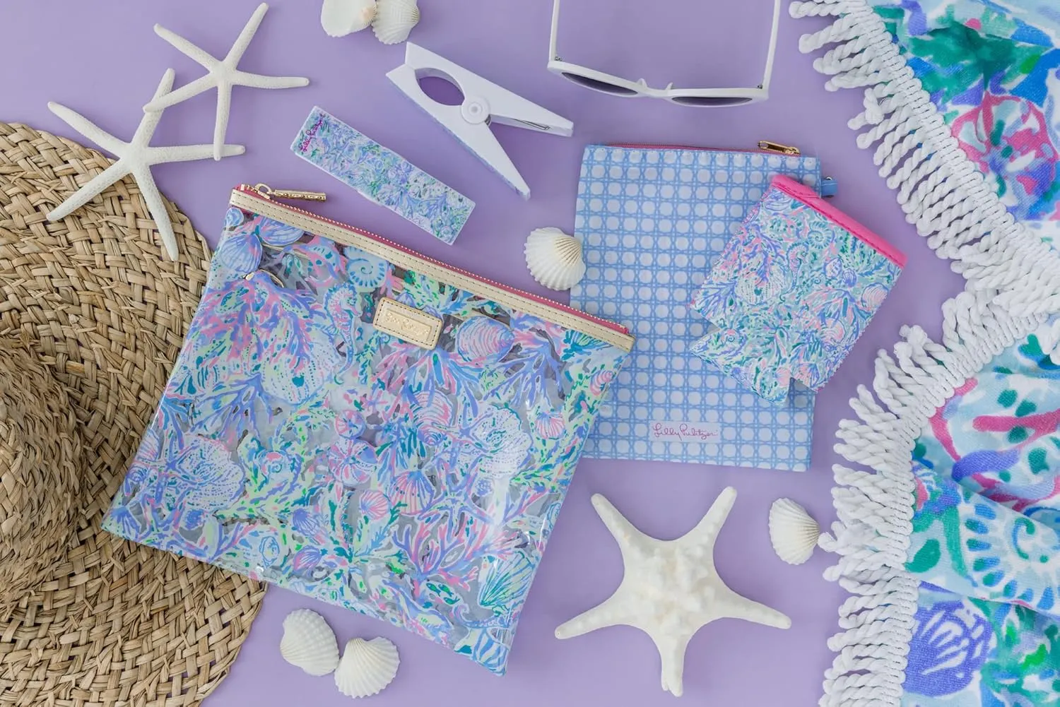 Lilly Pulitzer Water Resistant Vinyl Beach Day Pouch, Zipper Bag Includes Drink Hugger, Small Pouch, and Towel Clips