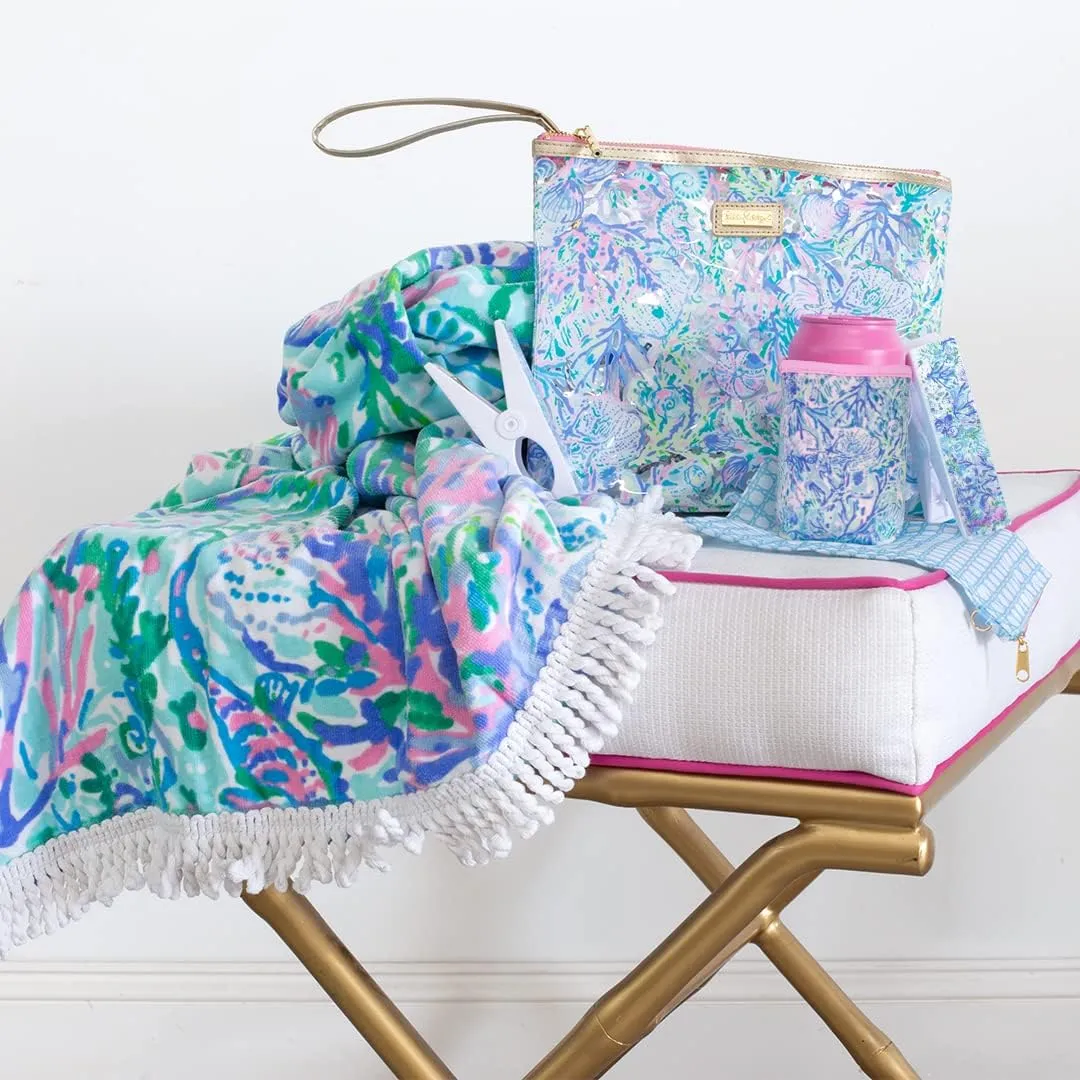 Lilly Pulitzer Water Resistant Vinyl Beach Day Pouch, Zipper Bag Includes Drink Hugger, Small Pouch, and Towel Clips