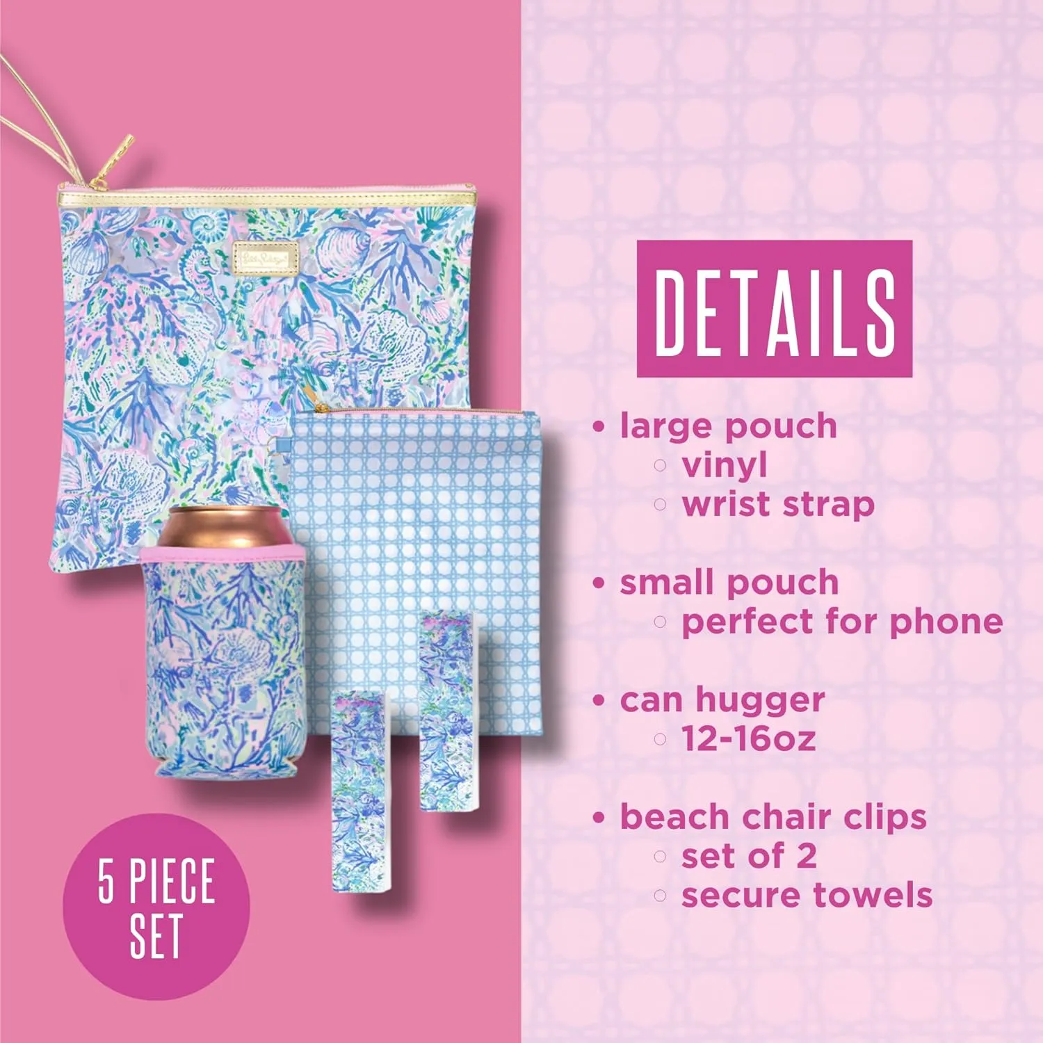Lilly Pulitzer Water Resistant Vinyl Beach Day Pouch, Zipper Bag Includes Drink Hugger, Small Pouch, and Towel Clips
